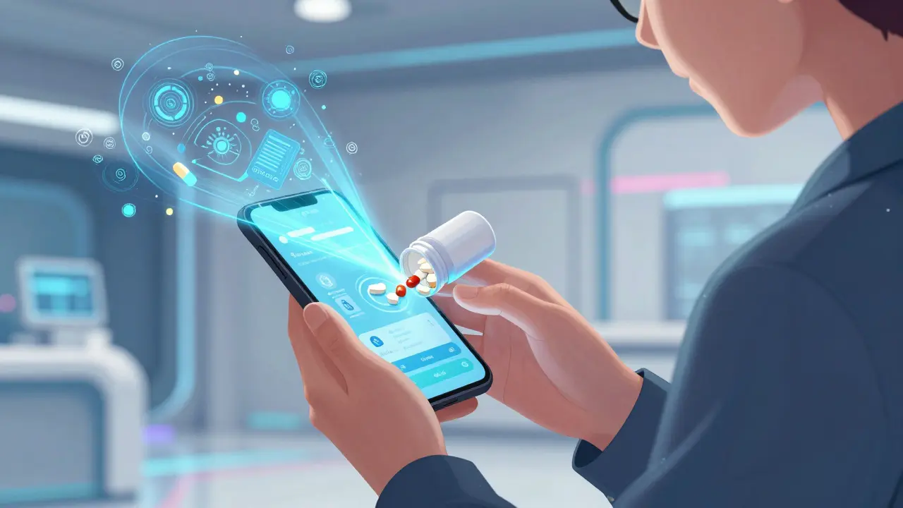 Person scanning medication bottle with smartphone for verification.