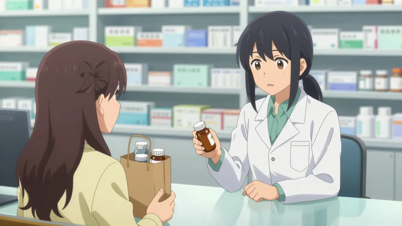 Pharmacist explaining medicine to a relieved patient at the counter.