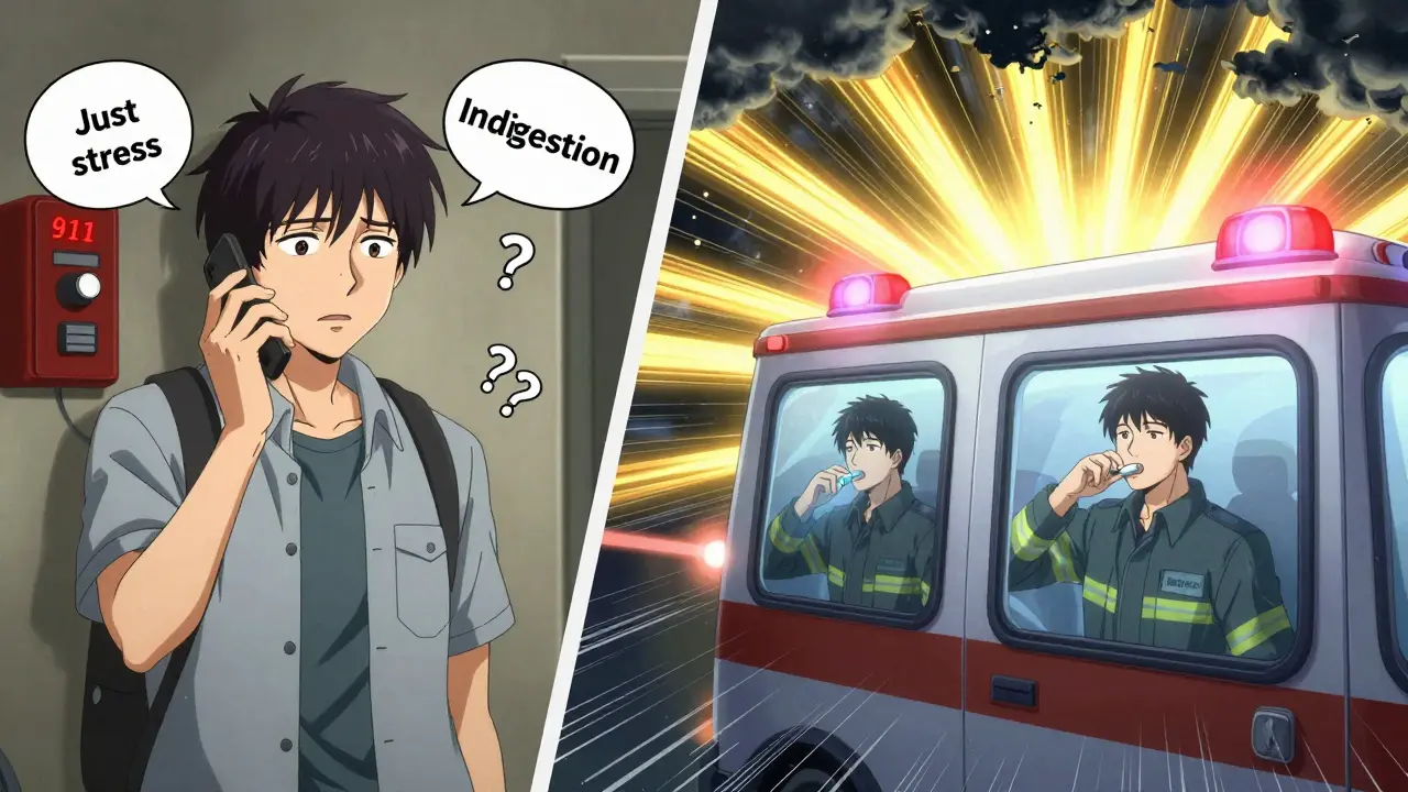 Split scene: man hesitating to call 911 vs. receiving help with ambulance lights flashing.