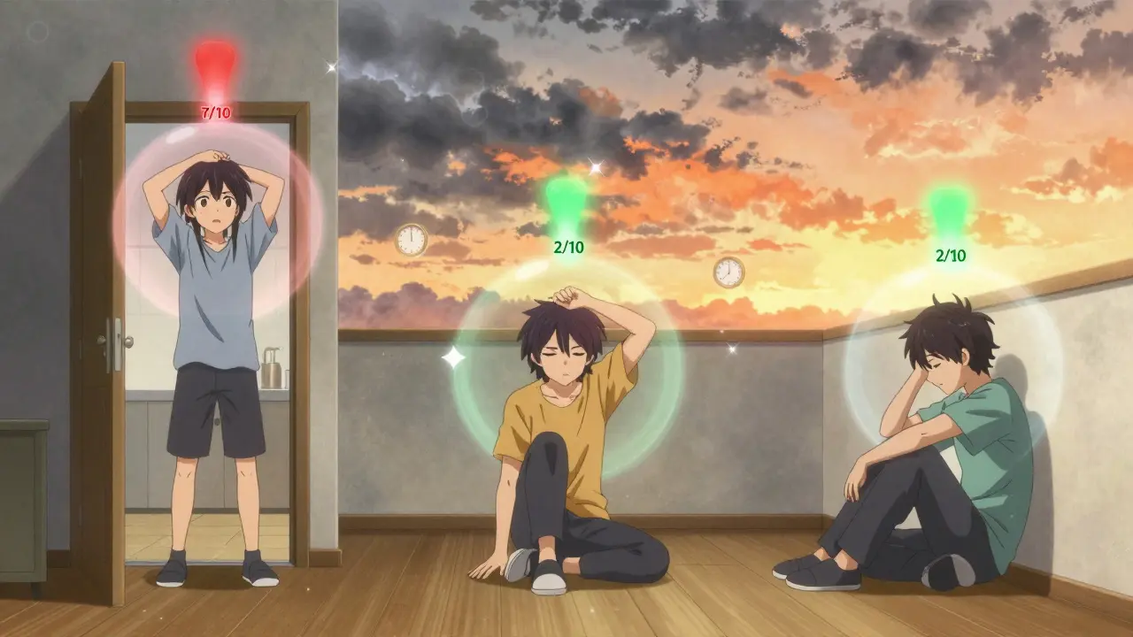 Three people doing simple stretches at home, each surrounded by aura bubbles showing their pain levels decreasing.