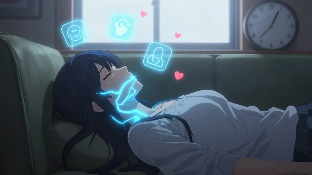 Woman with glowing energy around jaw and back, surrounded by floating symptom icons.