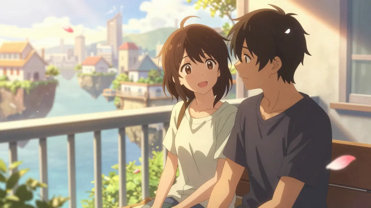 A couple sharing a supportive conversation on a sunny balcony in a fantasy city.