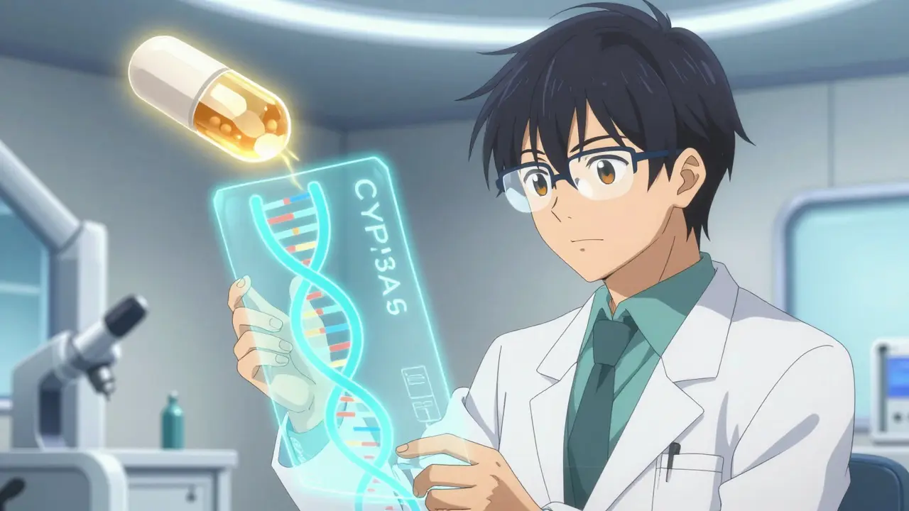 A doctor analyzing a holographic DNA sequence in a futuristic lab with a glowing crystal pill.