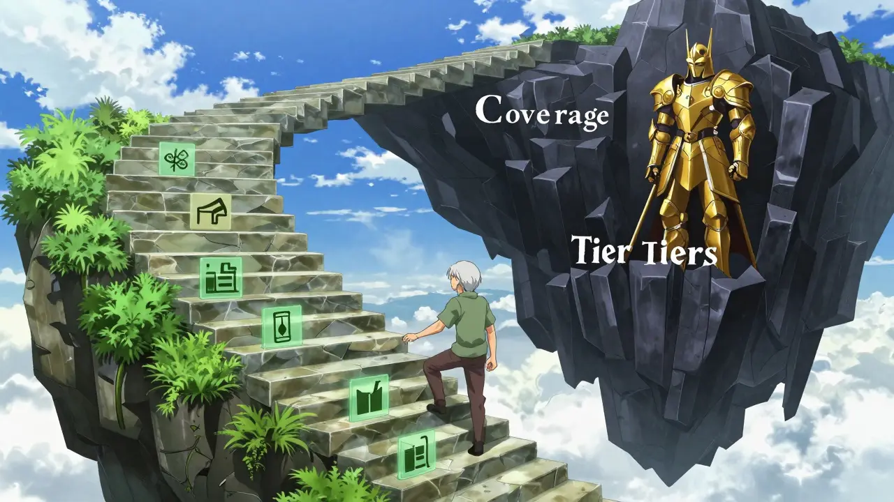 A floating stone staircase representing five levels of medication cost tiers.