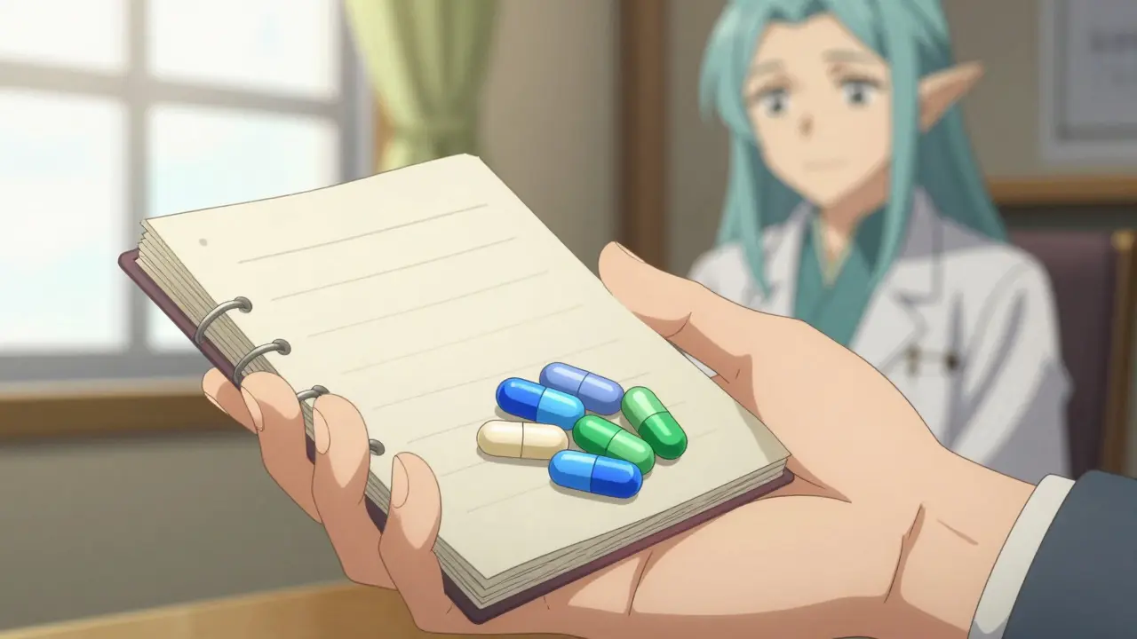 Anime character recording symptoms in a journal next to various colorful medication pills