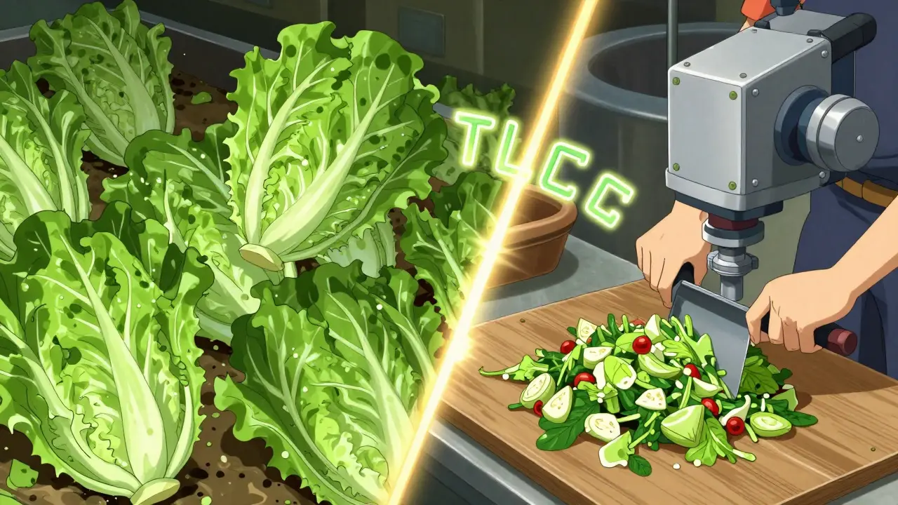 Anime illustration of lettuce being processed with glowing digital codes linking the stages.