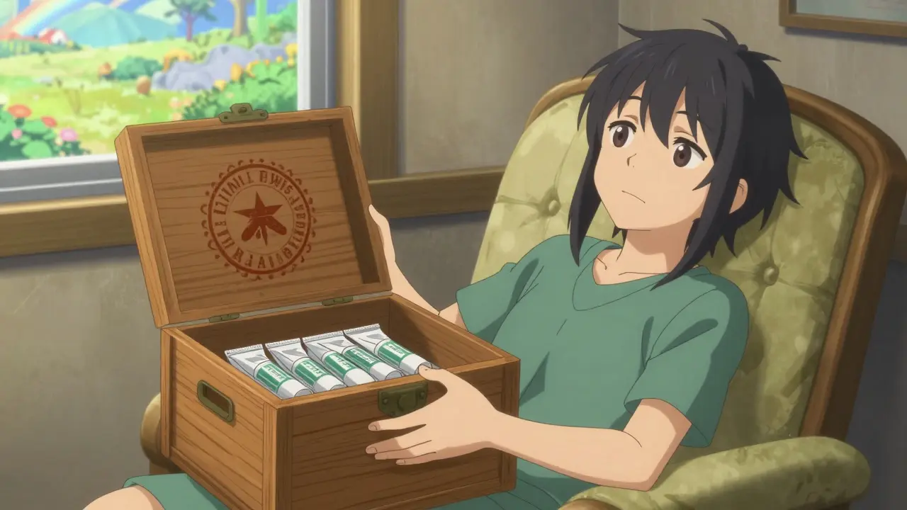 Character happily receiving a bulk delivery of medication in a sunlit fantasy room