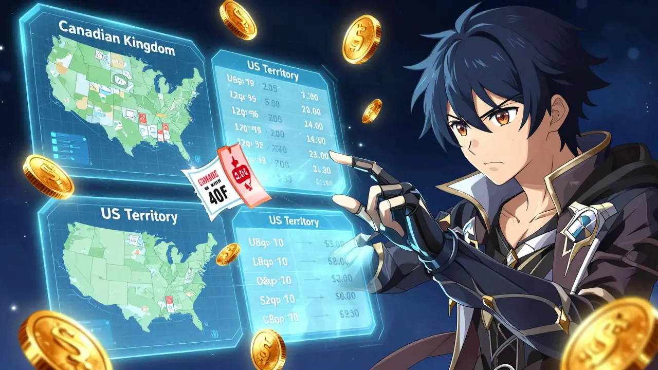 Character using a holographic map to compare medication prices between different fantasy realms