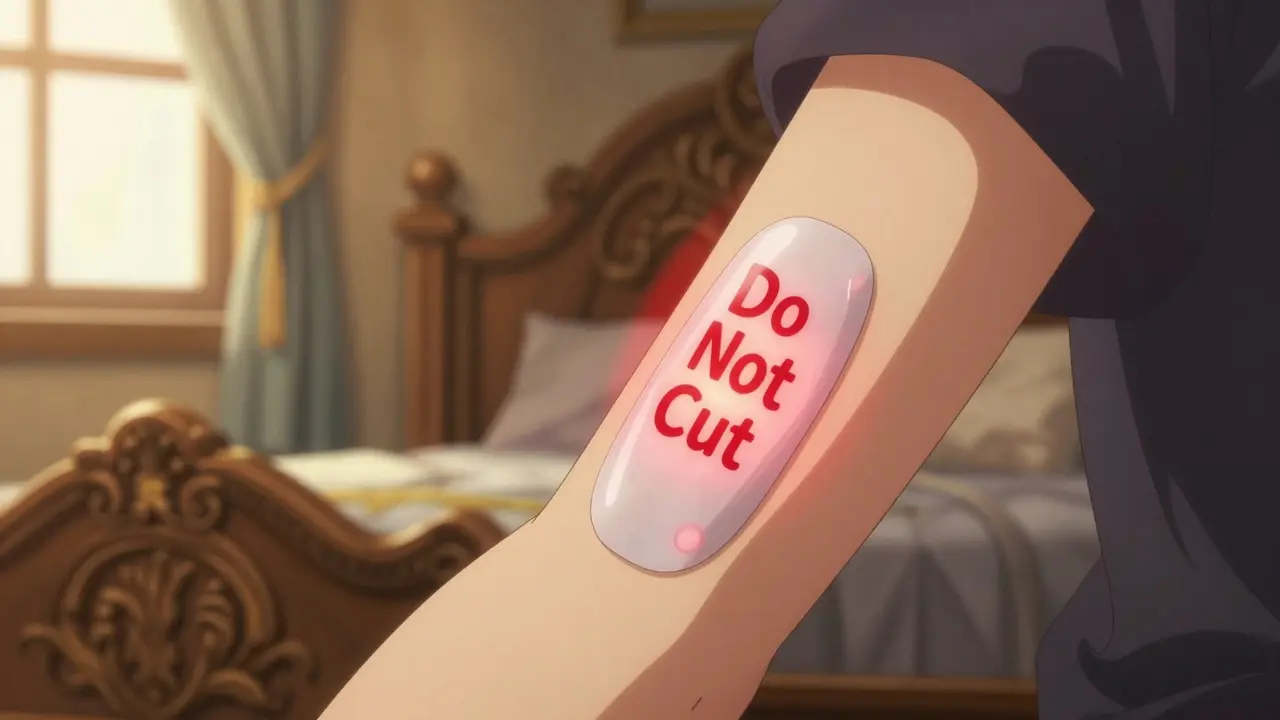 Close-up of a glowing transdermal patch being applied to an arm