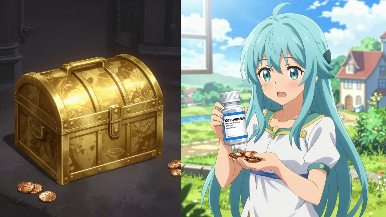 Comparison between expensive brand name medicine and affordable generic version in anime style