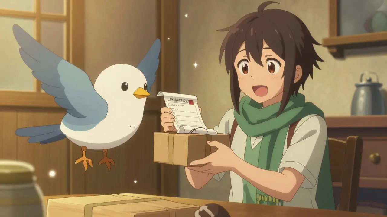 Happy anime character receiving a package of generic medication at their home