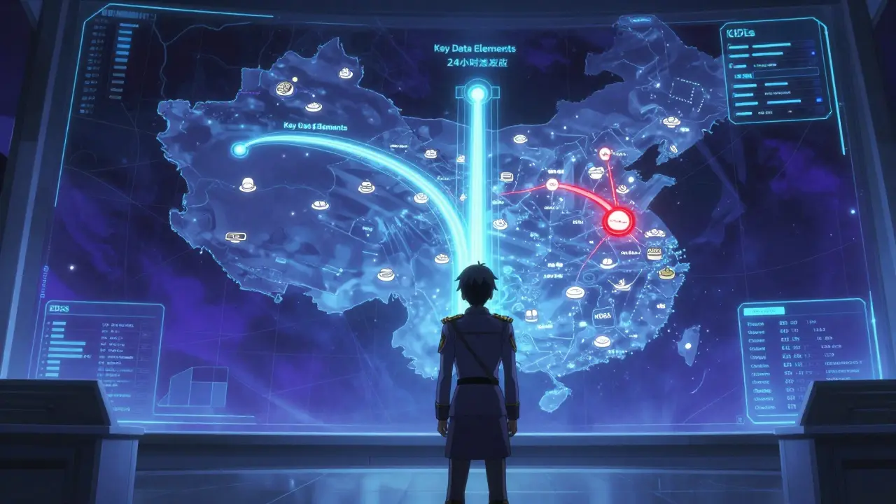 Isekai style command center with a holographic map showing rapid food traceability data.