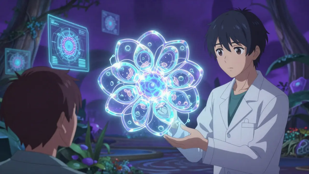 Isekai style depiction of a complex biological protein structure in a fantasy medical setting