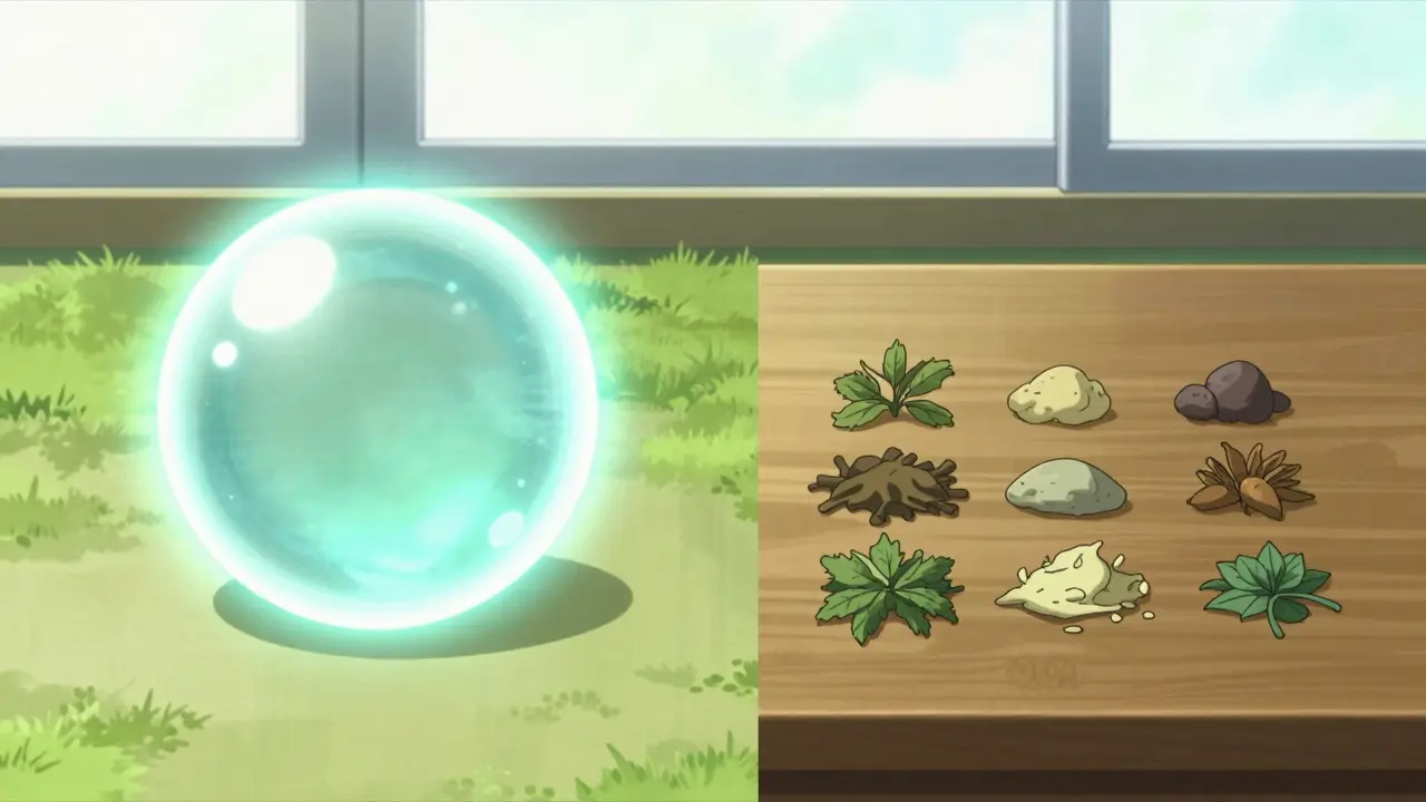 Isekai style split view comparing a single combination pill to separate generic components