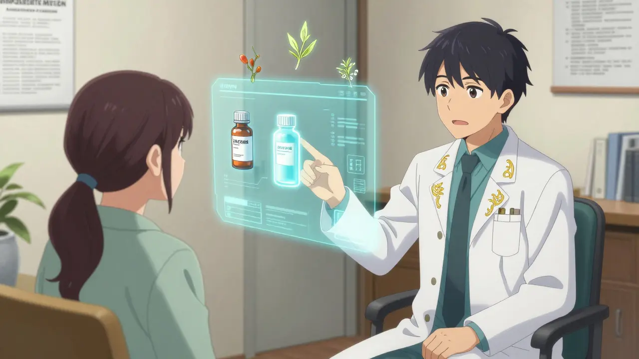 Pharmacist explaining generic medication alternatives to a patient