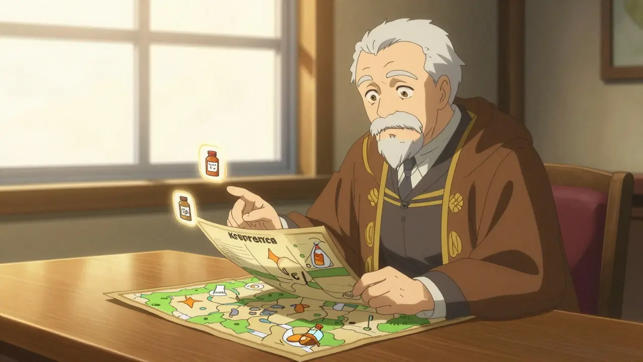 Senior and doctor reviewing a magical map to compare insurance plan options.