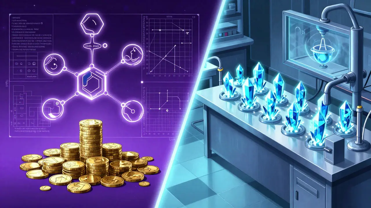 Split scene showing expensive alchemical research versus efficient generic crystal production in anime style