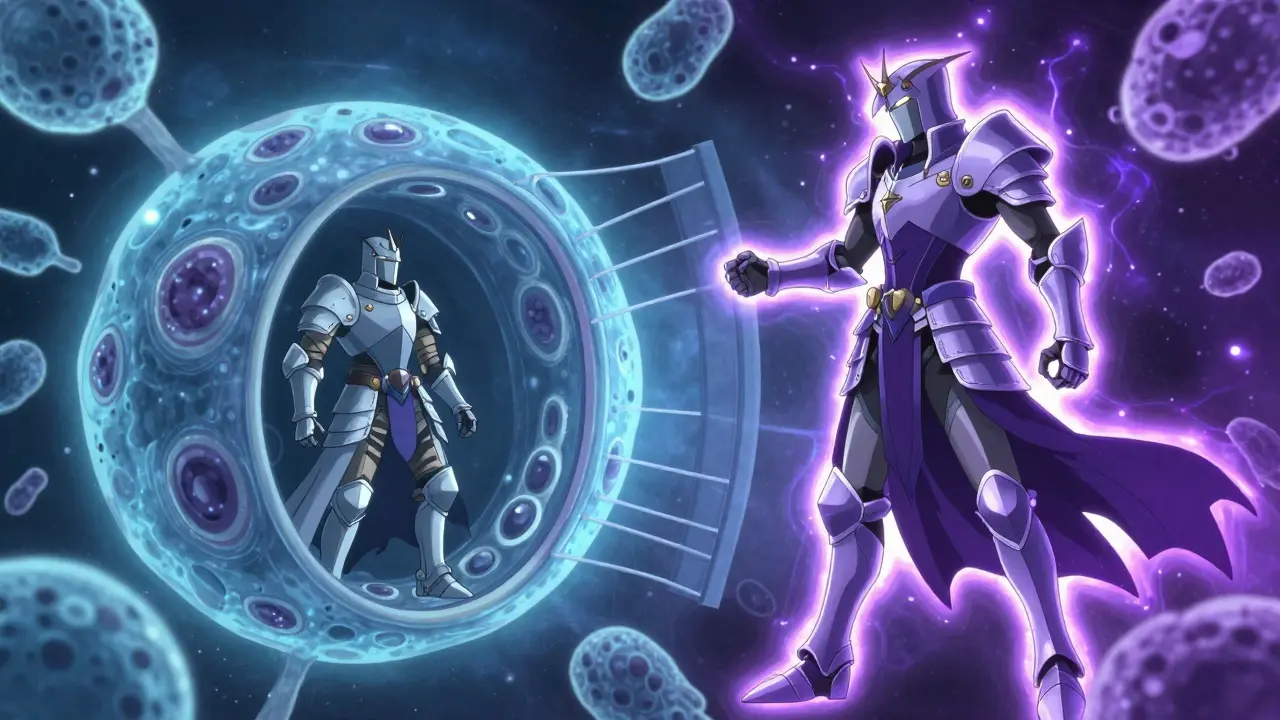 Stylized warriors representing Cyclosporine and Tacrolimus protecting a cellular gateway in a cosmic void.