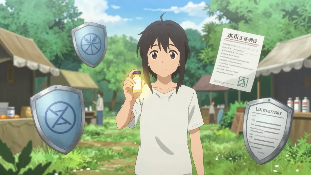 A character holds a healing medicine vial in a safe, serene garden sanctuary.