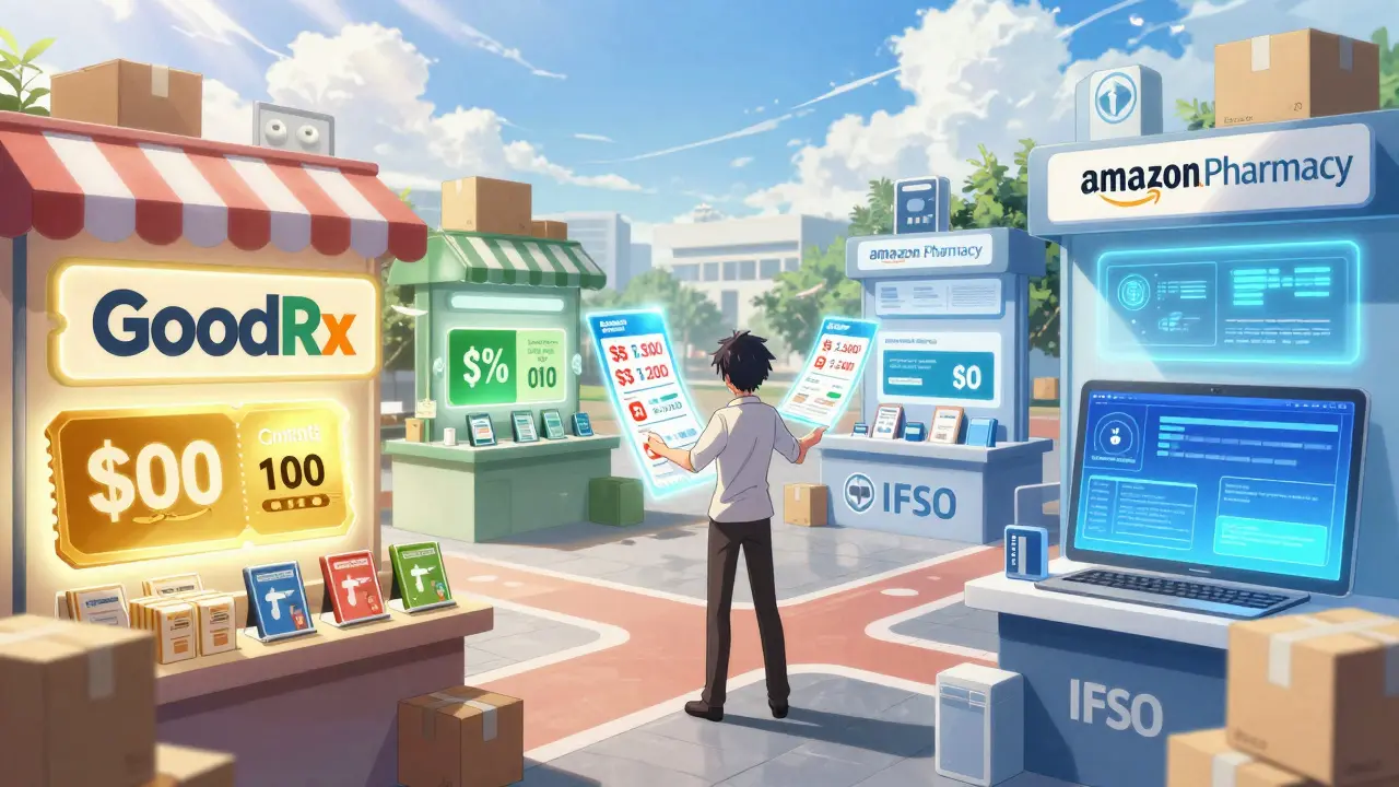 A hero compares glowing discount scrolls at colorful digital pharmacy stalls.