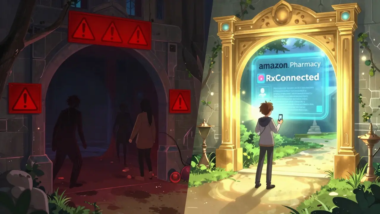 Anime character choosing between dangerous fake sites and safe pharmacies