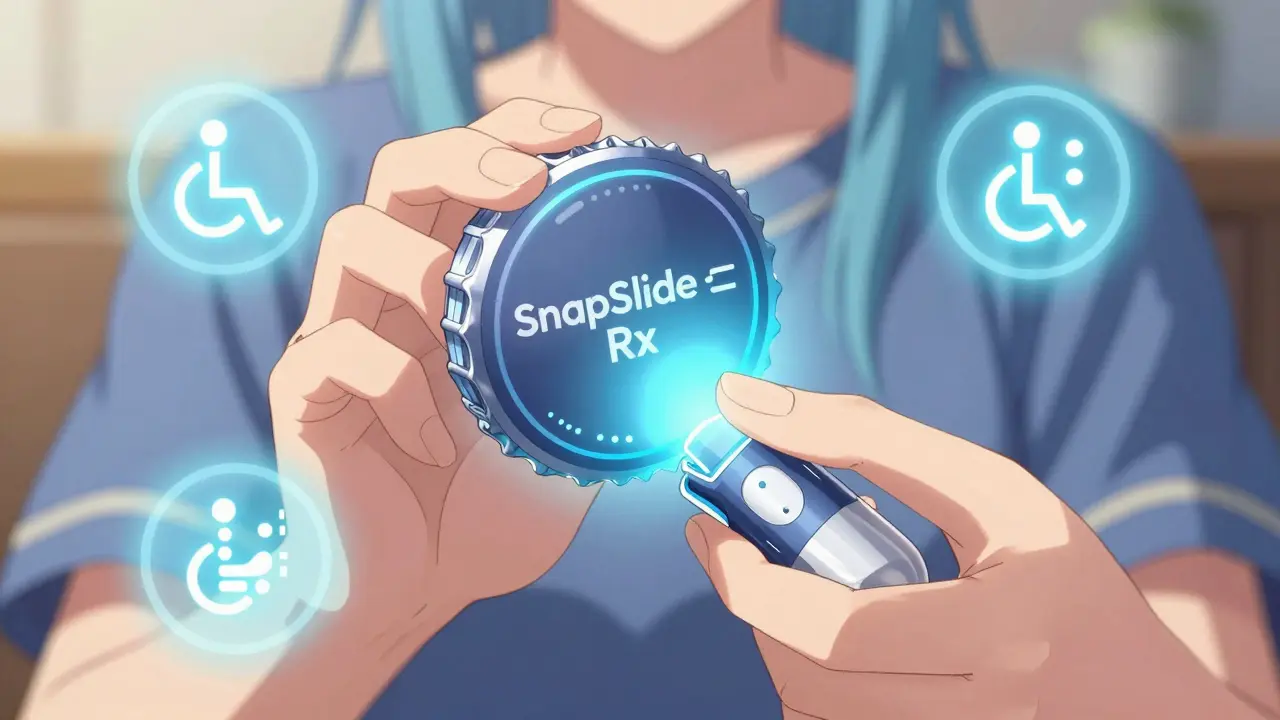 Anime character easily opening a futuristic, glowing accessible medicine cap.