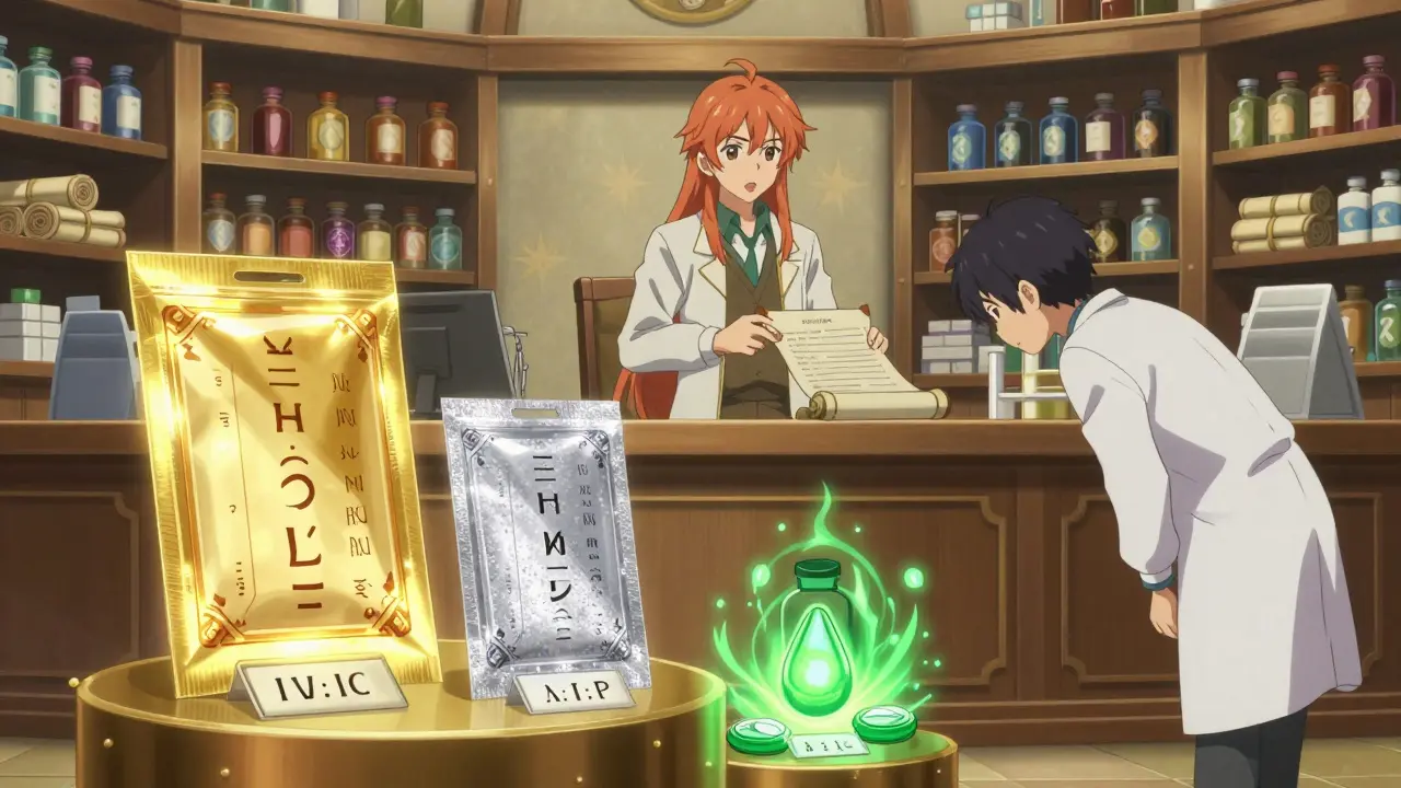 Anime protagonist receiving accessible medication packaging at a magical pharmacy.