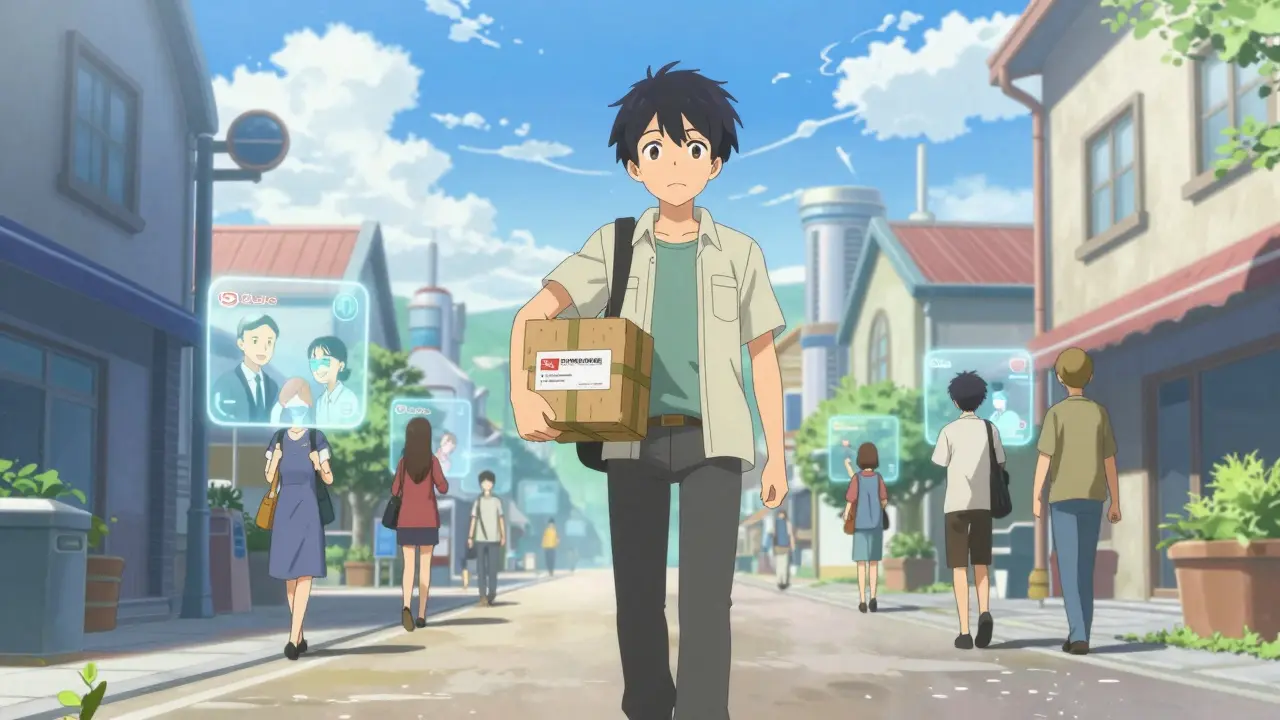 Anime protagonist walking happily with secure medicine delivery