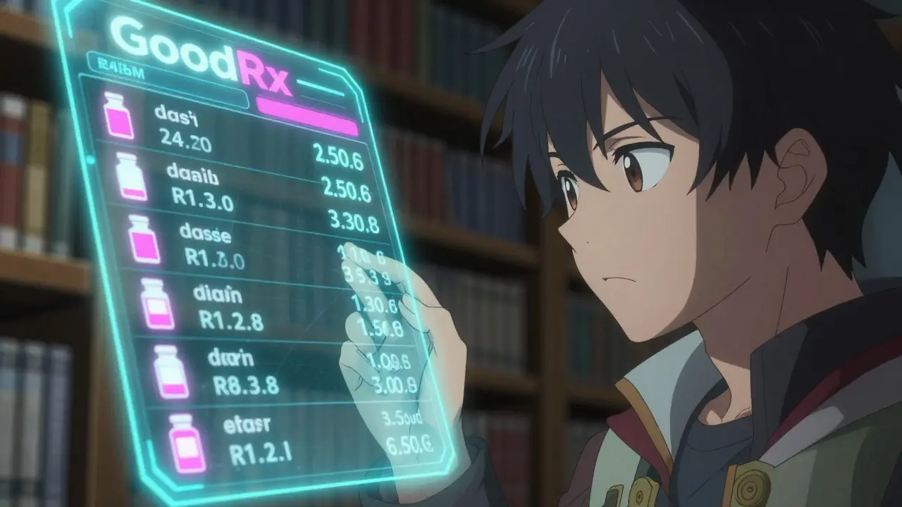 Character reviewing magical holographic price discounts for medicine