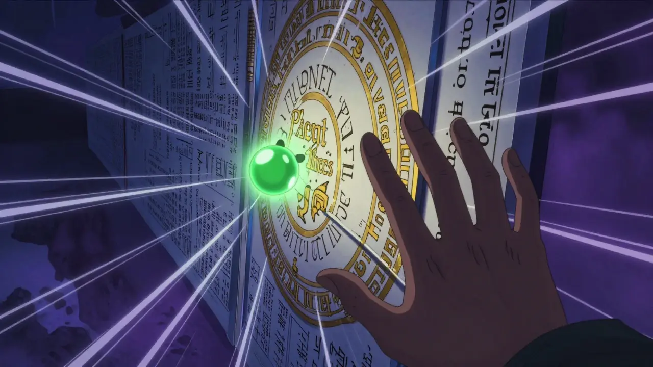 Close-up anime shot of a golden runic barrier blocking a glowing green generic drug molecule, representing patent thickets and regulatory hurdles in a dramatic fantasy style.