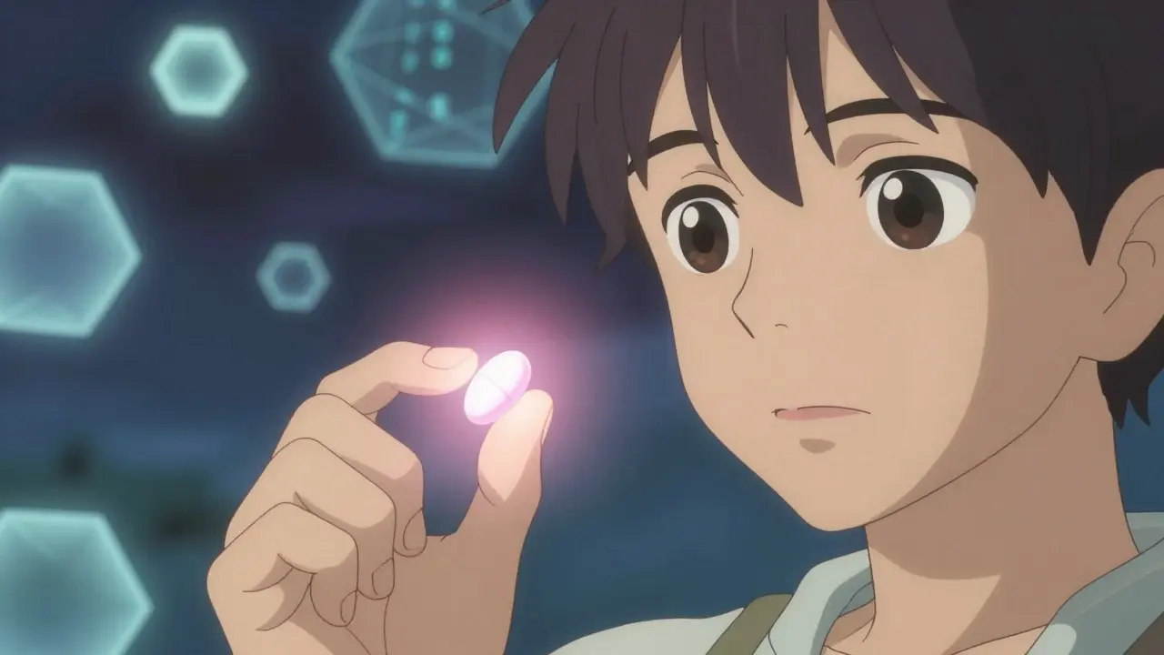 Close up of a glowing pink and white healing pill held by an anime character