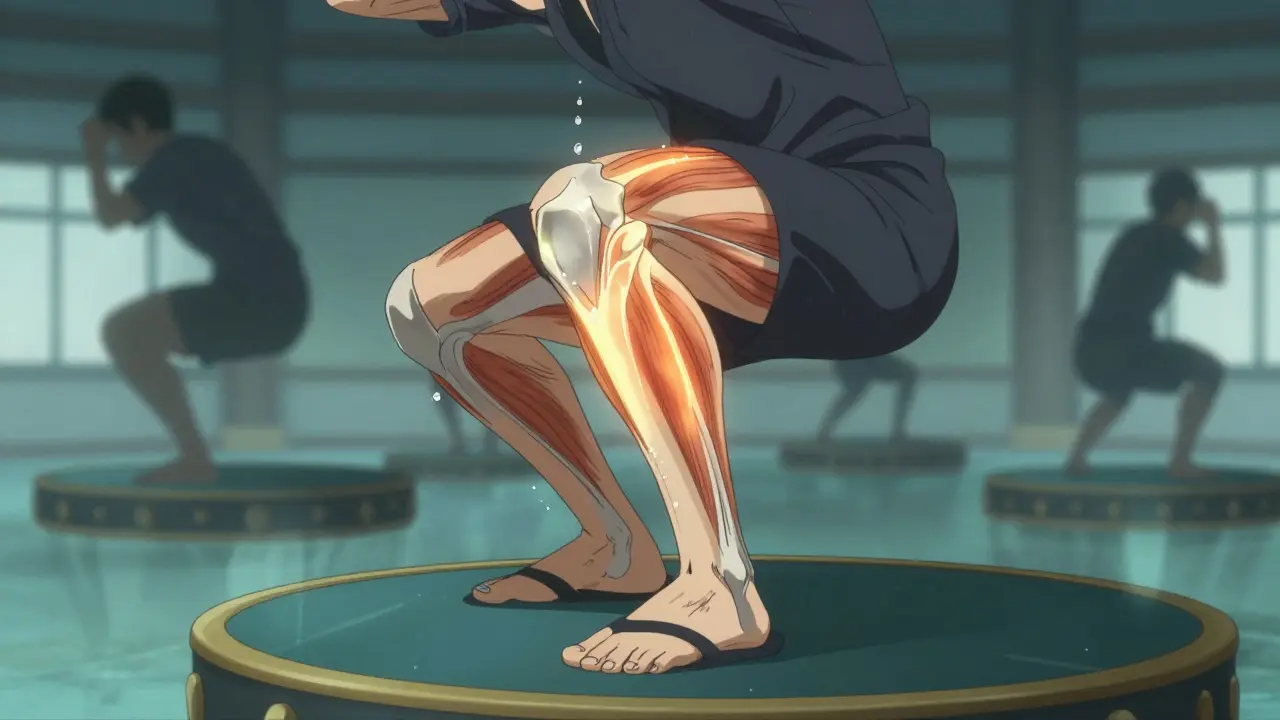 Close-up of anime warrior doing decline squats with glowing tendon visualization