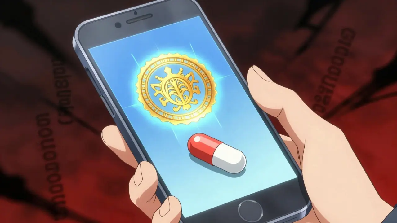 Close up of verified generic pill glowing safely against scam shadows