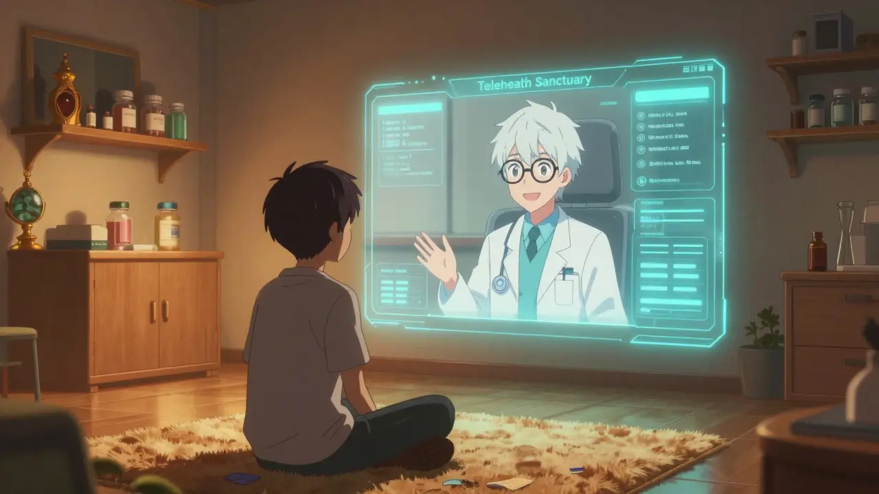 Cozy anime room with telehealth doctor on hologram screen for easy prescriptions