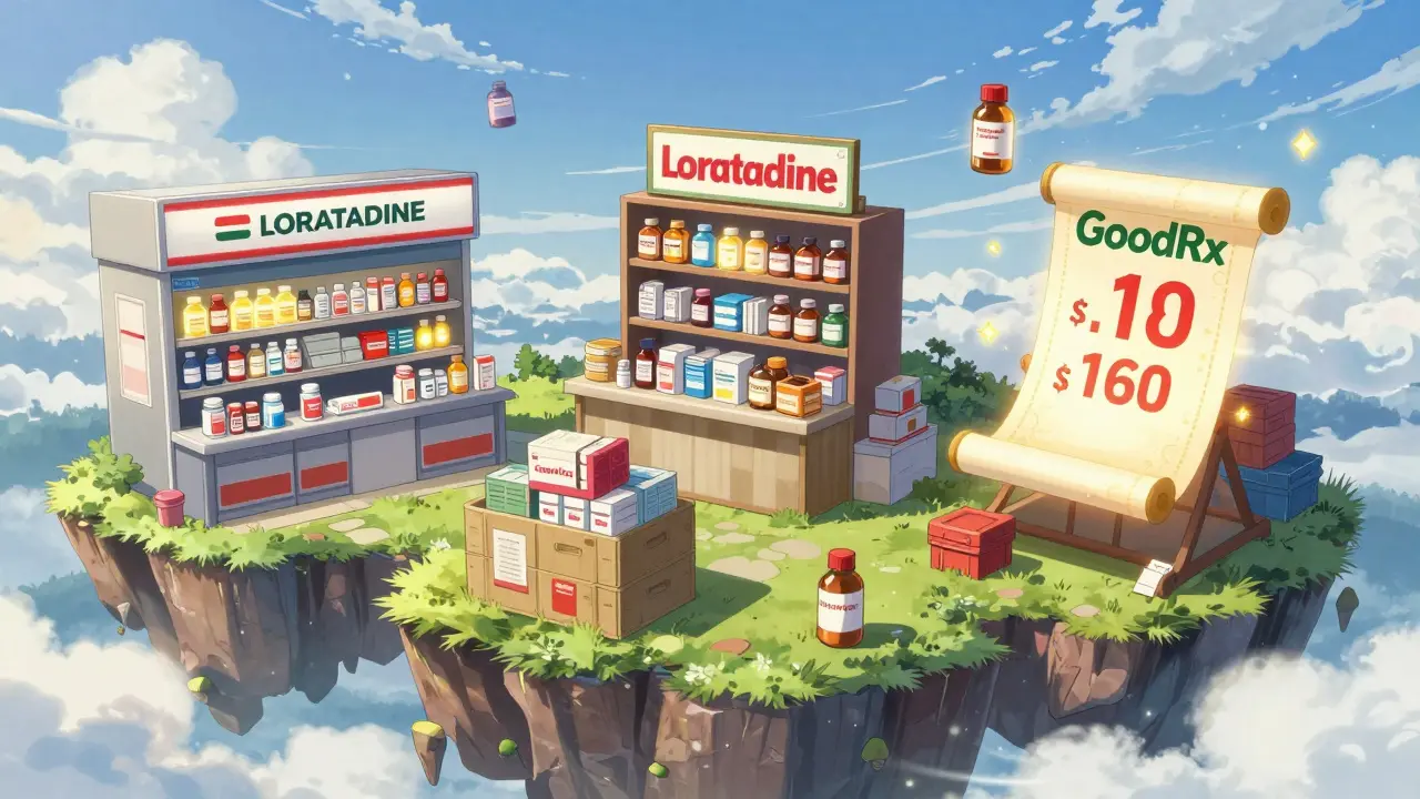 Fantasy digital marketplace with floating medicine shelves and glowing coupons.