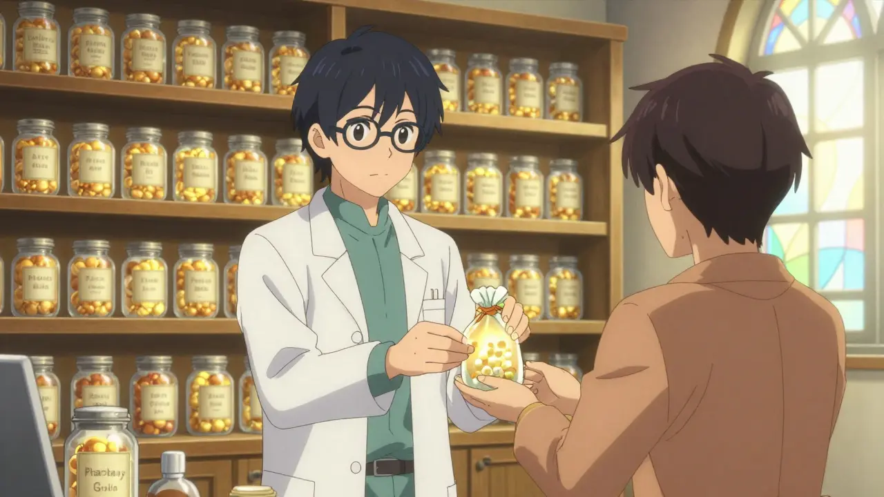 Friendly pharmacist handing a glowing medicine pouch to a customer in a guild hall