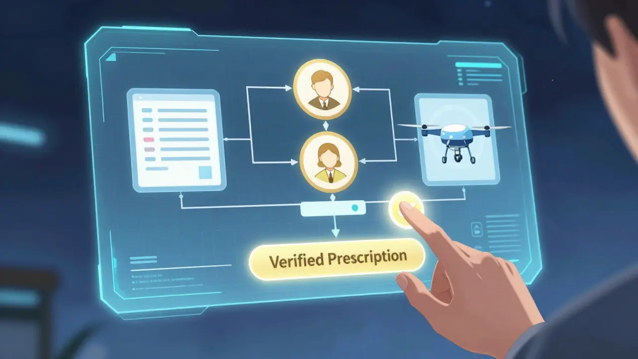 Futuristic anime interface showing the safe online prescription consultation process.