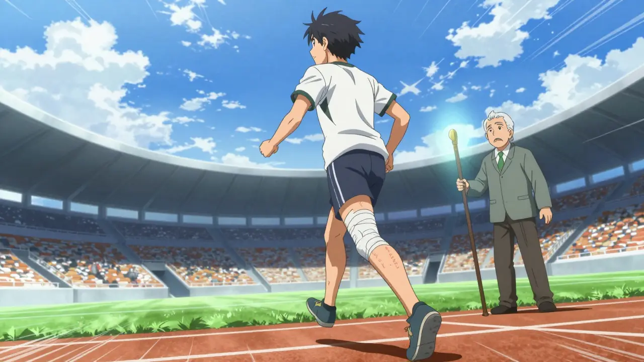 Healed anime athlete returning to sport with mentor approval in bright arena