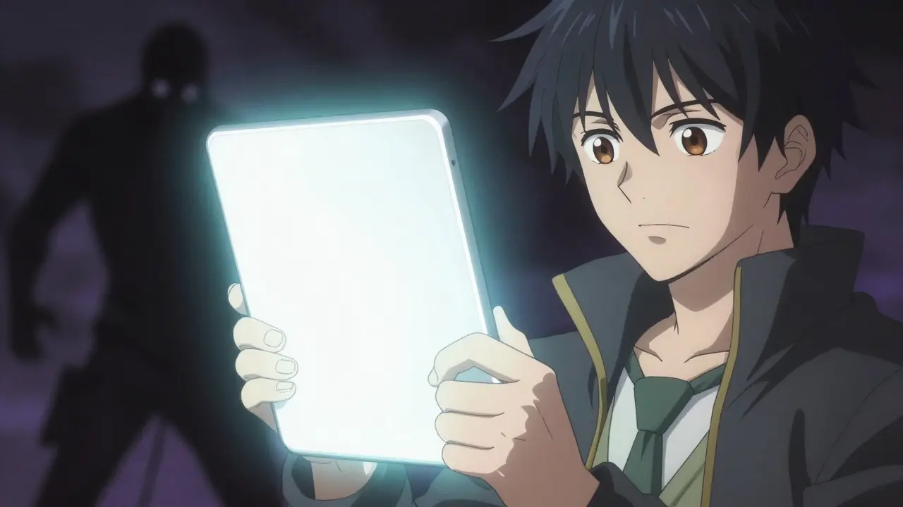 Heroic anime character holding a glowing tablet protected by a safety shield.