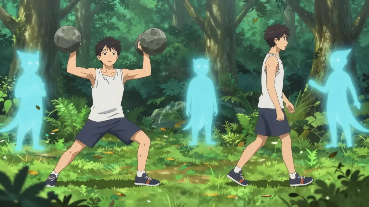 Isekai hero doing gentle strength training and walking intervals in a magical forest.