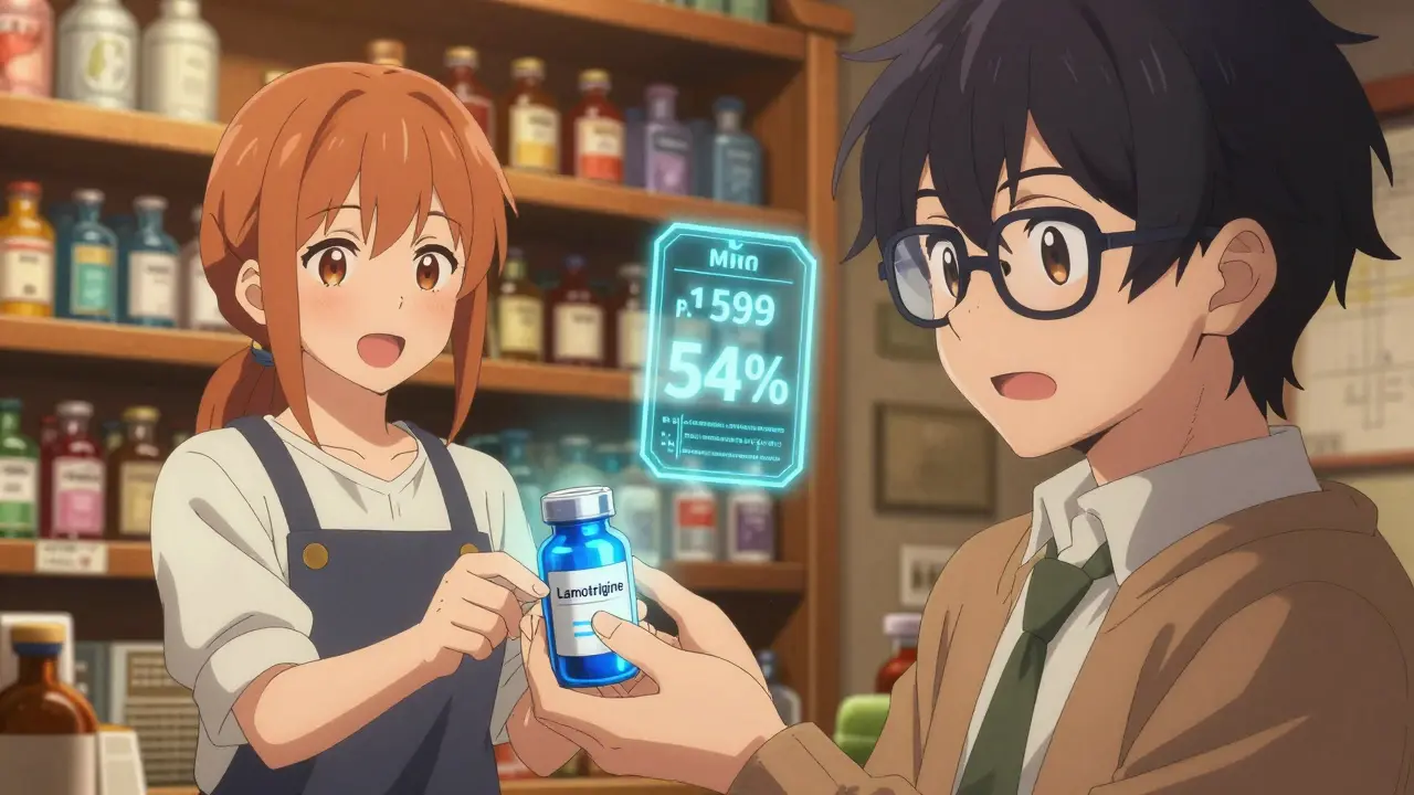 Manga style pharmacist handing discounted generic pills to customer