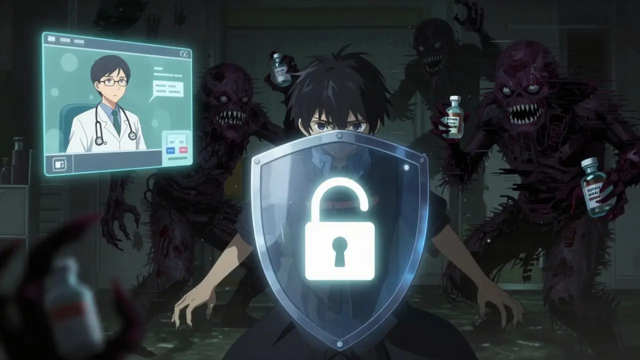 Protagonist using safety shield against scam monsters in anime style