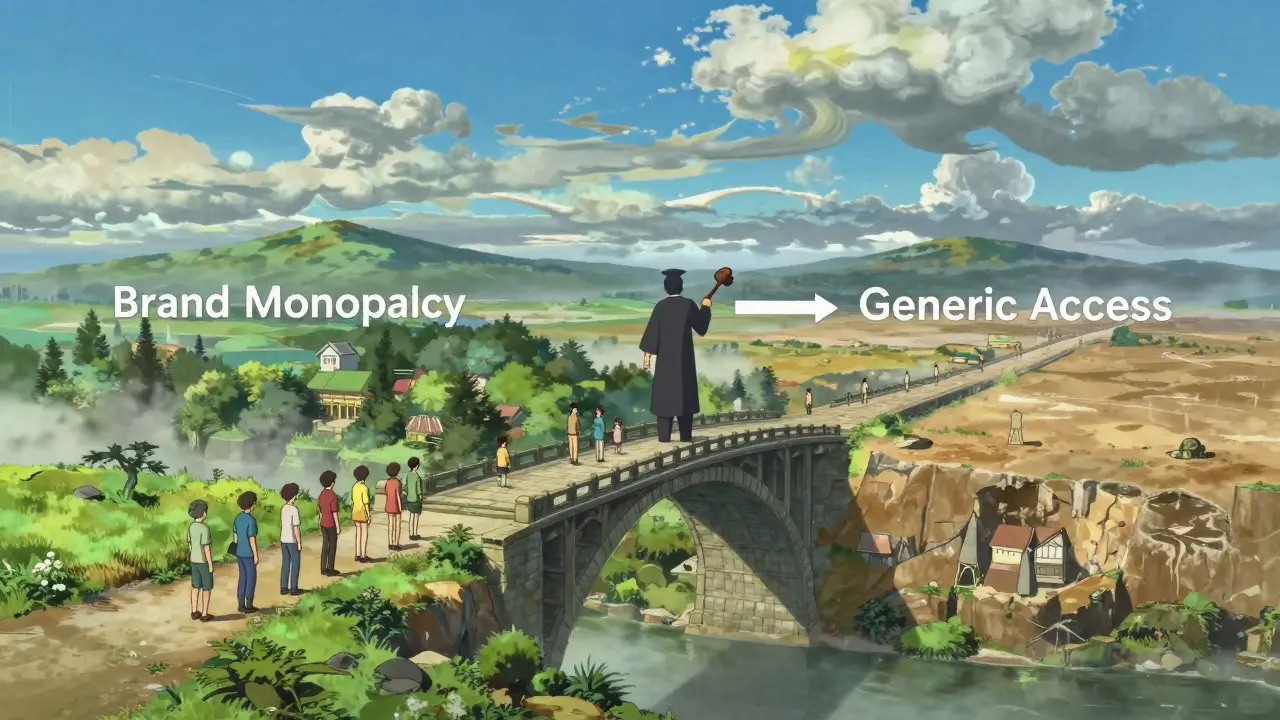 Wide anime landscape of a bridge dividing brand monopoly and generic access, overseen by a spectral judge, with patients waiting anxiously, set against a dramatic, detailed sky.