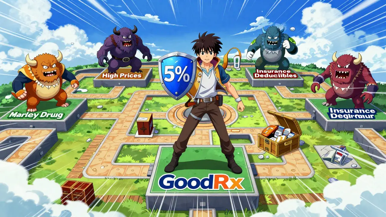 Anime hero celebrating savings on medicine platforms in a dungeon setting