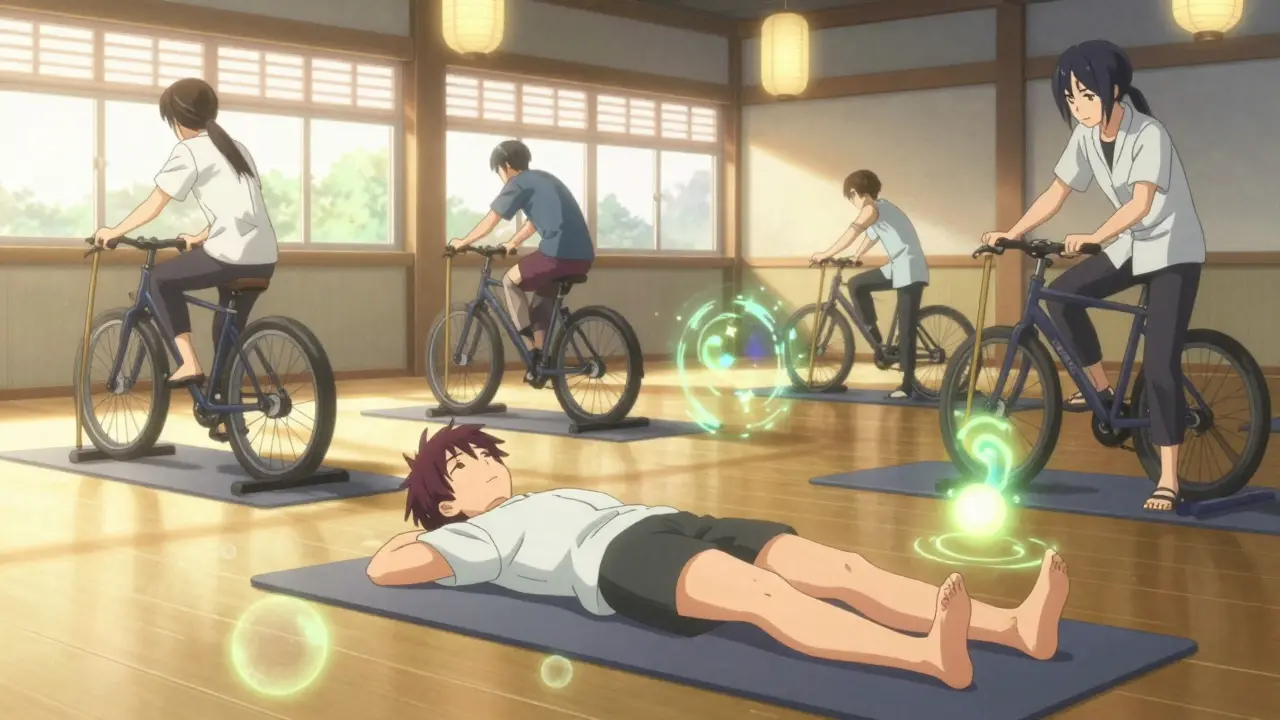 Anime hero doing gentle stretching exercises for spinal stenosis recovery