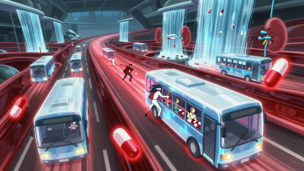 Anime style drugs fighting for protein transport in a bloodstream highway