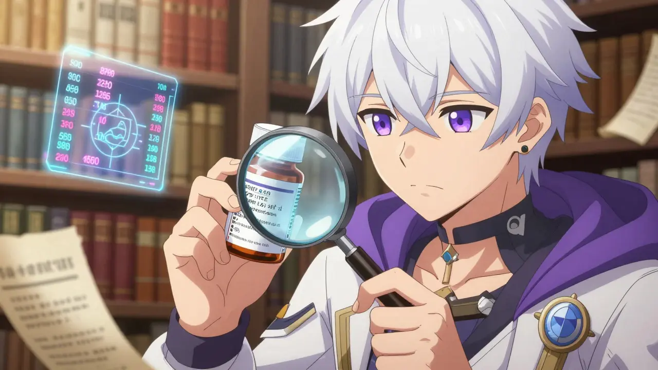 Close up of anime hero inspecting medication bottle for safety seals and codes.