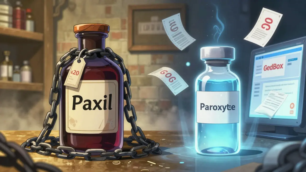Comparison of expensive brand drug vs affordable generic paroxetine in anime style