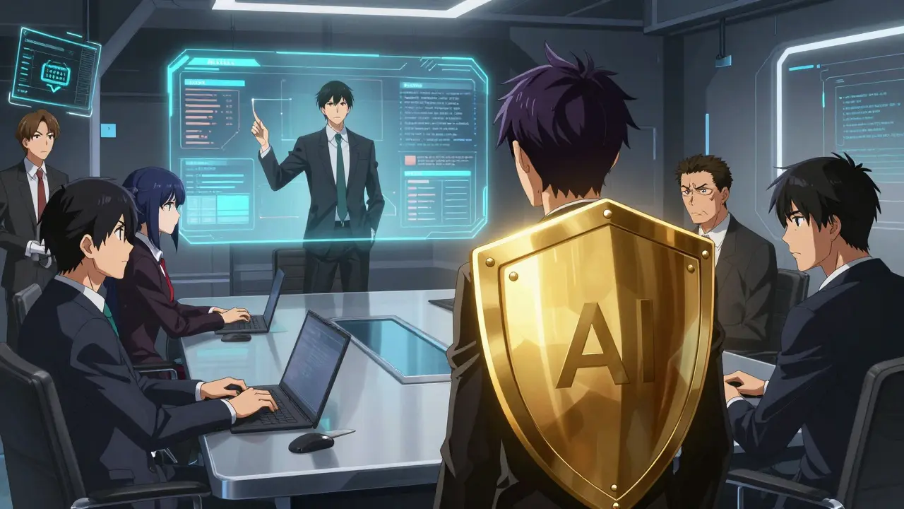 Cyberpunk anime employee protected by shield while reporting AI fraud