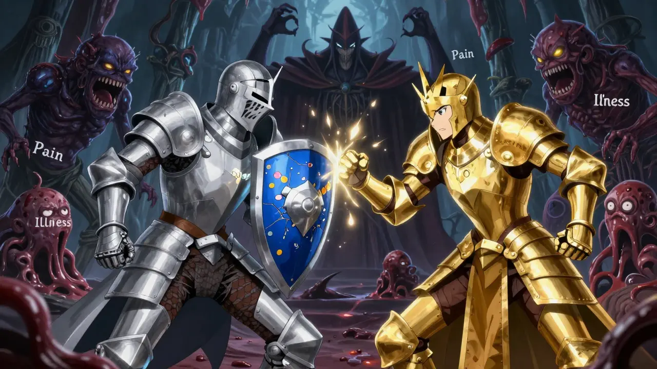 Generic and brand drugs depicted as equal knights fighting illness together